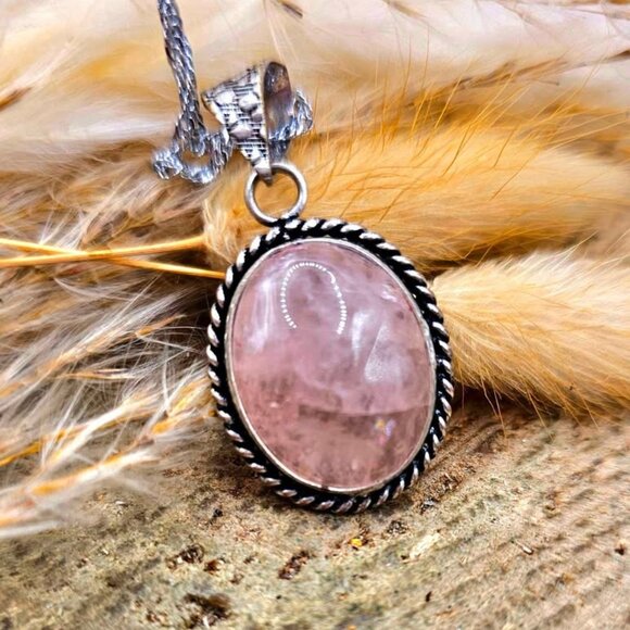 Nature Rose Quartz Oval Stone Pendant Necklace - Picture 7 of 10